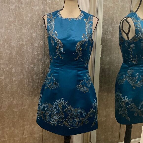 Roberto Cavalli Elegant teal  and Gold Floral mini dress, US6 - Picture 1 of 12